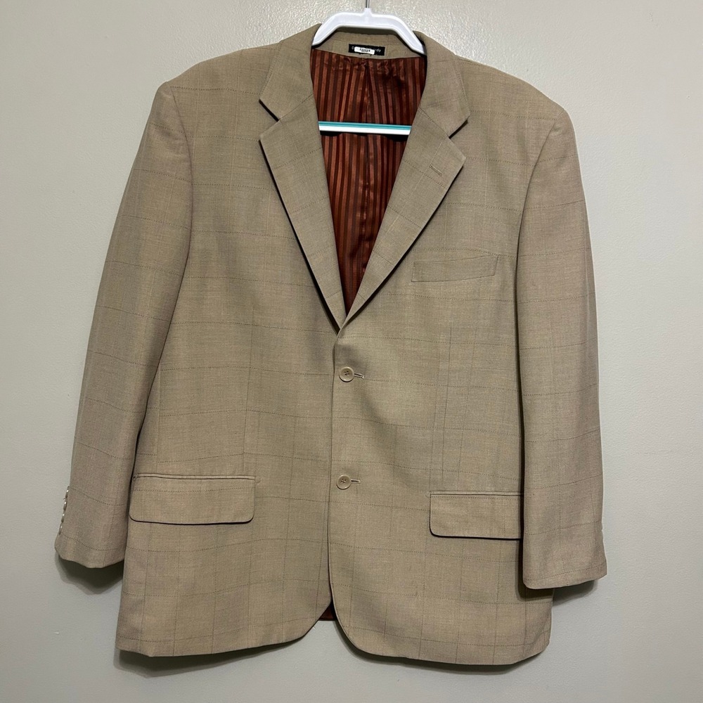 Tessori Blazer 44R Tan Super 150s Wool Windowpane Business Wedding Guest Jacket